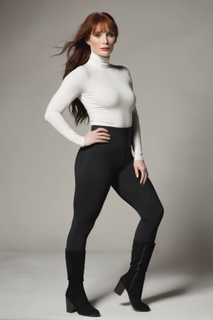 Bryce Dallas Howard, posing for a photoshooting, wearing a white turtleneck long sleeve tight top and a black sport legging, mid calf boots, long hair, black hair, model body posture, sexy facial expression