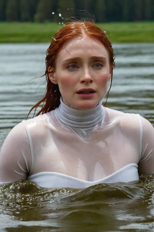 Bryce Dallas Howard, emerging from the water. Her head and shoulders are visible above the surface of water. She looks scared and sad, her white turtleneck top wet and clinging to her, with water droplets sparkling around her. She is gasping for air. She is in the middle of a cold lake and splashes from her emergence, fully drenched, dripping wet, wet hair, face wet, face drenched