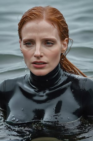 Jessica Chastain, emerging from the water. Her head and shoulders are visible above the surface of water. She looks scared and sad, her black turtleneck top wet and clinging to her, with water droplets sparkling around her. She is gasping for air. She is in the middle of a cold ocean and splashes from her emergence, fully drenched, dripping wet, wet hair, face wet, face drenched