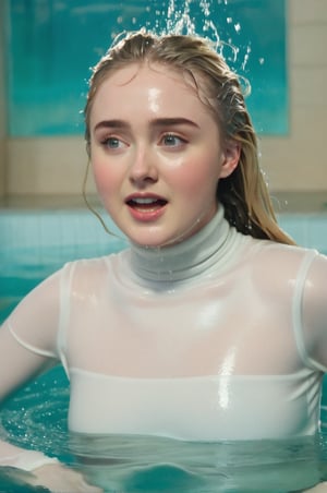 Kathryn Newton, emerging from the water. Her head and shoulders are visible above the surface of water. She looks surprised but smiling, her white turtleneck top wet and clinging to her, with water droplets sparkling around her. She is in the middle of an indoor pool and splashes from her emergence, fully drenched, dripping wet, wet hair, face wet, face drenched