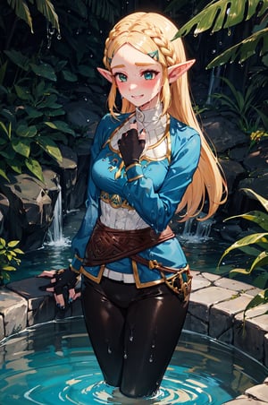 aazelda, very long hair, pointy ears, blue shirt, long sleeves, fingerless gloves, black gloves, black pants, tight pants, completely soaked wet, soakingwetclothes, dripping wet, wet hair, embarrassed facial expression, blue nails, swimming, looking at the camera, embarassed smile, blushing, playing with hair