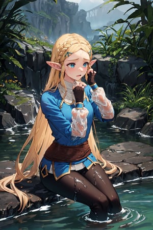 aazelda, super long hair, hair cascading to waist, pointy ears, blue shirt, long sleeves, fingerless gloves, black gloves, black pants, tight pants, completely soaked wet, soakingwetclothes, dripping wet, wet hair, sad facial expression, blue nails, swimming, sitting in the water, crying