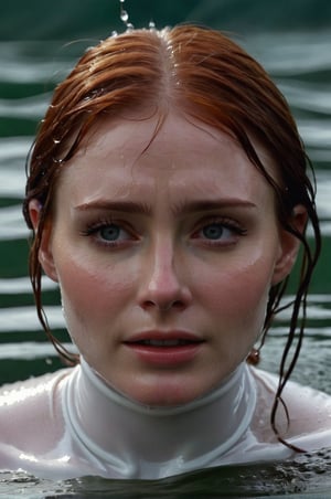 Bryce Dallas Howard, emerging from the water. Her head and shoulders are visible above the surface of water. She looks scared and sad, her white turtleneck top wet and clinging to her, with water droplets sparkling around her. She is gasping for air. She is in the middle of a cold ocean and splashes from her emergence, fully drenched, dripping wet, wet hair, face wet, face drenched, hyper realistic