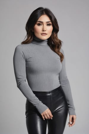 Daniella Pineda, posing for a photoshooting, wearing a grey ribbed turtleneck long sleeve tight top and a black leather legging, mid calf boots, model body posture, cute facial expression 