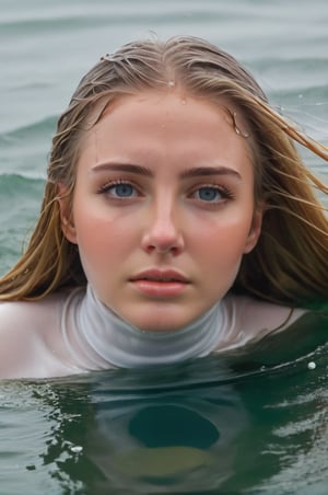 A young woman, 18 years old, a smooth, oval face with soft features, fair skin, almond eyes, blue eyes, glasses on, blonde hair, super long hair, hair floating aroud her, perfect eyes, emerging from the water. Her head and shoulders are visible above the surface of water. She looks panicked and sad, her white turtleneck top wet and clinging to her, with water droplets sparkling around her. She is gasping for air. She is in the middle of a cold ocean and splashes from her emergence,fully drenched, dripping wet, wet hair, face wet, face drenched