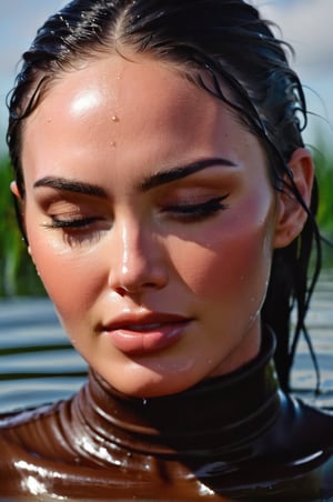 Megan Fox, emerging from the water. Her head and shoulders are visible above the surface of water. She look relaxed and liberated, her dark brown turtleneck top wet and clinging to her, with water droplets sparkling around her. She has her eyes closed, enjoying the moment. Her wet hair are slicked back and clinging to her head. She is in the middle of a big lake and splashes from her emergence, fully drenched, dripping wet, face wet, face drenched, hyper realistic