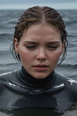 Léa Seydoux, emerging from the water. Her head and shoulders are visible above the surface of water. She looks scared and sad, her dark grey turtleneck top wet and clinging to her, with water droplets sparkling around her. She is gasping for air. She is in the middle of a cold ocean and splashes from her emergence, fully drenched, dripping wet, wet hair, face wet, face drenched, hyper realistic