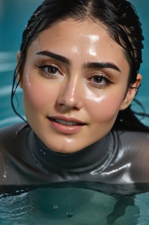 Daniella Pineda, emerging from the water. Her head and shoulders are visible above the surface of water. She looks surprised but smiling, her dark grey turtleneck top wet and clinging to her, with water droplets sparkling around her. She is in the middle of an indoor pool and splashes from her emergence, fully drenched, dripping wet, wet hair, face wet, face drenched, hyper realistic