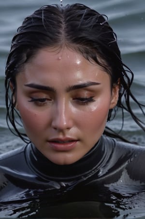 Daniella Pineda, emerging from the water. Her head and shoulders are visible above the surface of water. She looks scared and sad, her dark dark grey turtleneck top wet and clinging to her, with water droplets sparkling around her. She is gasping for air. She is in the middle of a cold ocean and splashes from her emergence, fully drenched, dripping wet, wet hair, face wet, face drenched, hyper realistic