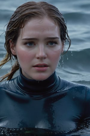 Elizabeth Lail, emerging from the water. Her head and shoulders are visible above the surface of water. She looks scared and sad, her dark blue turtleneck top wet and clinging to her, with water droplets sparkling around her. She is in the middle of a cold ocean and splashes from her emergence, fully drenched, dripping wet, wet hair, face wet, face drenched