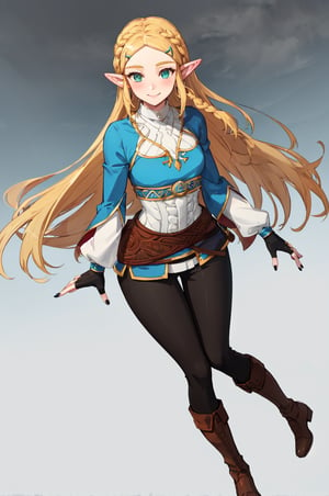 aazelda, super long hair, hair cascading to the thighs, square haircut, pointy ears, blue shirt, long sleeves, fingerless gloves, black gloves, black pants, tight pants, blue nails, looking at the camera smile, blushing, high boots, full body picture 