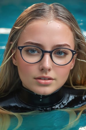 A young woman, 18 years old, a smooth, oval face with soft features, fair skin, almond eyes, blue eyes, glasses on, blonde hair, super long hair, hair floating aroud her, perfect eyes, emerging from the water. Her head and shoulders are visible above the surface of water. She looks surprised but happy, her dark grey turtleneck top wet and clinging to her, with water droplets sparkling around her. She is gasping for air. She is in the middle of an indoor pool and splashes from her emergence, fully drenched, dripping wet, wet hair, face wet, face drenched, drops on glasses