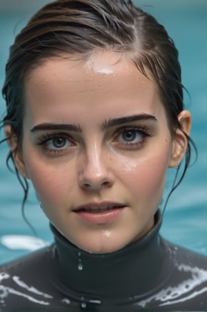 Emma Watson, emerging from the water. Her head and shoulders are visible above the surface of water. She looks surprised but smiling, her dark grey turtleneck top wet and clinging to her, with water droplets sparkling around her. She is in the middle of an indoor pool and splashes from her emergence, fully drenched, dripping wet, wet hair, face wet, face drenched, hyper realistic