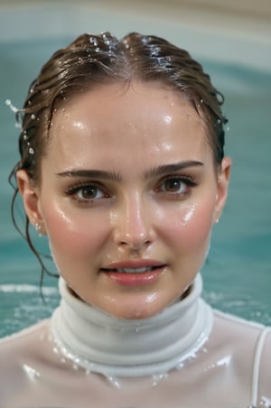 Natalie Portman, emerging from the water. Her head and shoulders are visible above the surface of water. She looks surprised but smiling, her white turtleneck top wet and clinging to her, with water droplets sparkling around her. She is in the middle of an indoor pool and splashes from her emergence, fully drenched, dripping wet, wet hair, face wet, face drenched