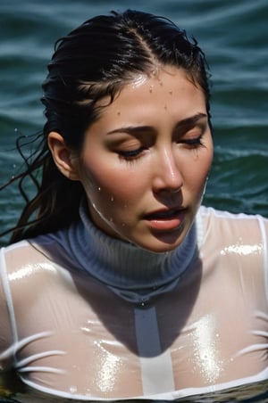 Dichen Lachman, emerging from the water. Her head and shoulders are visible above the surface of water. She looks scared and sad, her dark white turtleneck top wet and clinging to her, with water droplets sparkling around her. She is gasping for air. She is in the middle of a cold ocean and splashes from her emergence, fully drenched, dripping wet, wet hair, face wet, face drenched, hyper realistic