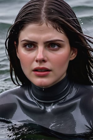 Alexandra Daddario, emerging from the water. Her head and shoulders are visible above the surface of water. She looks scared and sad, her dark grey turtleneck top wet and clinging to her, with water droplets sparkling around her. She is gasping for air. She is in the middle of a cold ocean and splashes from her emergence, fully drenched, dripping wet, wet hair, face wet, face drenched, hyper realistic