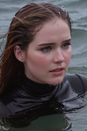 Elizabeth Lail, emerging from the water. Her head and shoulders are visible above the surface of water. She looks scared and sad, her dark white turtleneck top wet and clinging to her, with water droplets sparkling around her. She is gasping for air. She is in the middle of a cold ocean and splashes from her emergence, fully drenched, dripping wet, wet hair, face wet, face drenched, hyper realistic