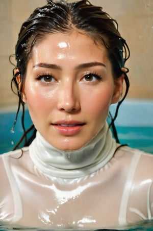 Dichen Lachman, emerging from the water. Her head and shoulders are visible above the surface of water. She looks surprised but smiling, her white turtleneck top wet and clinging to her, with water droplets sparkling around her. She is in the middle of an indoor pool and splashes from her emergence, fully drenched, dripping wet, long hair, wet hair, face wet, face drenched