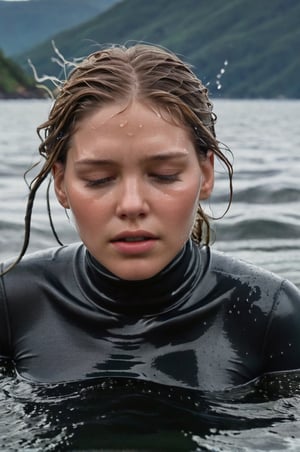 Léa Seydoux, emerging from the water. Her head and shoulders are visible above the surface of water. She looks scared and sad, her dark grey turtleneck top wet and clinging to her, with water droplets sparkling around her. She is gasping for air. She is in the middle of a cold ocean and splashes from her emergence, fully drenched, dripping wet, wet hair, face wet, face drenched, hyper realistic