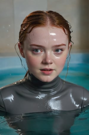 Sadie Sink, emerging from the water. Her head and shoulders are visible above the surface of water. She looks surprised but smiling, her dark grey turtleneck top wet and clinging to her, with water droplets sparkling around her. She is in the middle of an indoor pool and splashes from her emergence, fully drenched, dripping wet, wet hair, face wet, face drenched