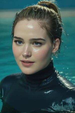 Elizabeth Lail, emerging from the water. Her head and shoulders are visible above the surface of water. She looks surprised but smiling, her dark blue turtleneck top wet and clinging to her, with water droplets sparkling around her. She is in the middle of an indoor pool and splashes from her emergence, fully drenched, dripping wet, wet hair, face wet, face drenched