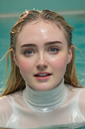 Kathryn Newton, emerging from the water. Her head and shoulders are visible above the surface of water. She looks surprised but smiling, her white turtleneck top wet and clinging to her, with water droplets sparkling around her. She is in the middle of an indoor pool and splashes from her emergence, fully drenched, dripping wet, wet hair, face wet, face drenched