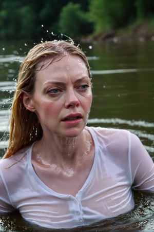 Riki Lindhome, emerging from the water. Her head and shoulders are visible above the surface of water. She looks scared and sad, her white shirt wet and clinging to her, with water droplets sparkling around her. She is gasping for air. She is in the middle of the Seine river and splashes from her emergence, fully drenched, dripping wet, wet hair, face wet, face drenched