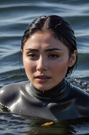 Daniella Pineda, emerging from the water. Her head and shoulders are visible above the surface of water. She looks scared and sad, her dark grey turtleneck top wet and clinging to her, with water droplets sparkling around her. She is gasping for air. She is in the middle of a cold ocean and splashes from her emergence, fully drenched, dripping wet, wet hair, face wet, face drenched