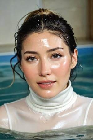 Dichen Lachman, emerging from the water. Her head and shoulders are visible above the surface of water. She looks surprised but smiling, her white turtleneck top wet and clinging to her, with water droplets sparkling around her. She is in the middle of an indoor pool and splashes from her emergence, fully drenched, dripping wet, wet hair, face wet, face drenched, hyper realistic