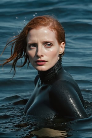 Jessica Chastain, emerging from the water. Her head and shoulders are visible above the surface of water. She looks scared and sad, her black turtleneck top wet and clinging to her, with water droplets sparkling around her. She is in the middle of a cold ocean and splashes from her emergence. 