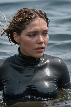 Léa Seydoux, emerging from the water. Her head and shoulders are visible above the surface of water. She looks scared and exhausted, her dark grey turtleneck top wet and clinging to her, with water droplets sparkling around her. She is in the middle of a cold ocean and splashes from her emergence, fully drenched, dripping wet, wet hair, face wet, face drenched