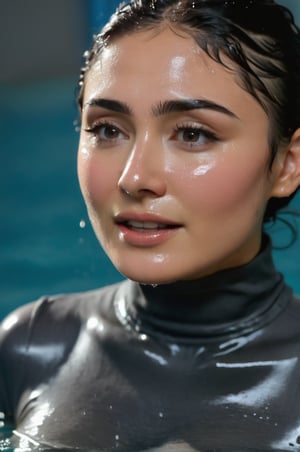 Daniella Pineda, emerging from the water. Her head and shoulders are visible above the surface of water. She looks surprised but smiling, her dark grey turtleneck top wet and clinging to her, with water droplets sparkling around her. She is in the middle of an indoor pool and splashes from her emergence, fully drenched, dripping wet, wet hair, face wet, face drenched