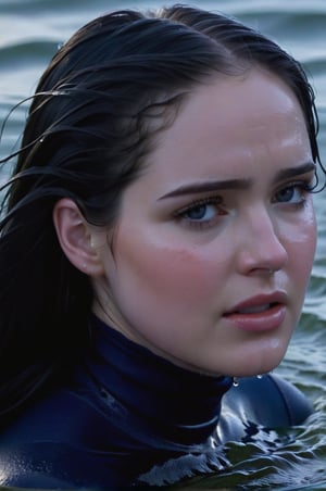 Elizabeth Lail, emerging from the water. Her head and shoulders are visible above the surface of water. She looks scared and sad, her dark blue turtleneck top wet and clinging to her, with water droplets sparkling around her. She is gasping for air. Her black hair is wet and clinging to her face. She is in the middle of a cold ocean and splashes from her emergence, fully drenched, dripping wet, face wet, face drenched