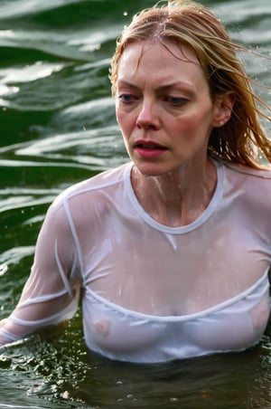 Riki Lindhome, emerging from the water. Her head and shoulders are visible above the surface of water. She looks scared and hopeless, her white shirt wet and clinging to her, with water droplets sparkling around her. She is gasping for air. She is in the middle of the Seine river and splashes from her emergence, fully drenched, dripping wet, wet hair, face wet, face drenched