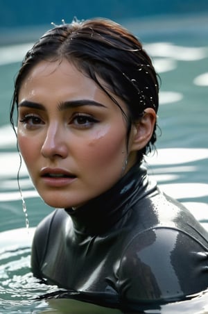 Daniella Pineda, emerging from the water. Her head and shoulders are visible above the surface of water. She looks scared and sad, her dark grey turtleneck top wet and clinging to her, with water droplets sparkling around her. She is in the middle of a deep pool and splashes from her emergence. 