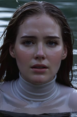 Elizabeth Lail, emerging from the water. Her head and shoulders are visible above the surface of water. She looks scared and sad, her dark white turtleneck top wet and clinging to her, with water droplets sparkling around her. She is gasping for air. She is in the middle of a cold ocean and splashes from her emergence, fully drenched, dripping wet, wet hair, face wet, face drenched, hyper realistic