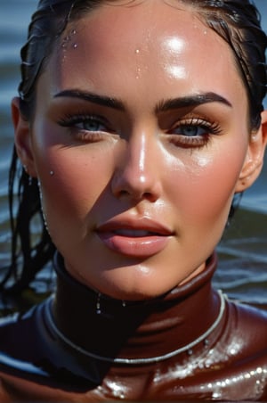 Megan Fox, emerging from the water. Her head and shoulders are visible above the surface of water. She look relaxed and liberated, her dark brown turtleneck top wet and clinging to her, with water droplets sparkling around her. She has her eyes closed, enjoying the moment. Her wet hair are slicked back and clinging to her head. She is in the middle of a big lake and splashes from her emergence, fully drenched, dripping wet, face wet, face drenched, hyper realistic