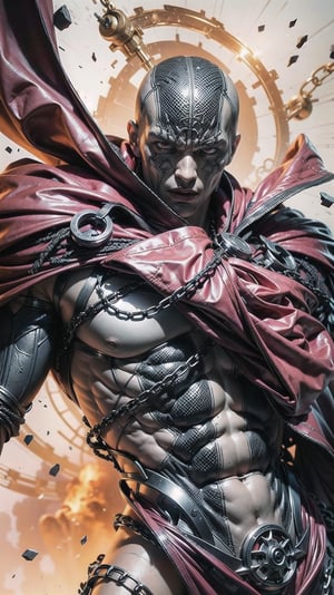 a high quality professional photo of a dynamic and threatening "Spawn" character in full costume, as if drawn by Todd McFarlane, in a highly detailed and intricate style, with a 4k resolution, featuring menacing chains. The image showcases Spawn in a powerful and action-packed pose, exuding an aura of darkness and intensity. The attention to detail in the image highlights the intricate design of Spawn's costume and the intricate linework that is characteristic of Todd McFarlane's style. The lighting and shading techniques used in the image create a dramatic atmosphere, emphasizing the dark and brooding nature of the character. The chains add a sense of motion and danger, as they wrap around Spawn, creating a visually captivating and dynamic composition. This image is perfect for fans of Spawn and admirers of Todd McFarlane's artwork, offering a highly realistic and engaging depiction of the iconic character.,f1ame,photorealistic