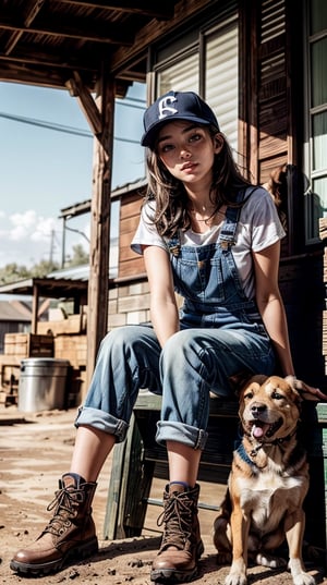a high quality professional photo of a 1950s all American teenager wearing rolled up denim dungarees, baseball boots, and a baseball hat, with freckles scattered across her face. She is sitting on dusty porch steps at noon, surrounded by a hot and arid environment. (((Her loyal dog is by her side))), looking up at her with adoring eyes. The teenager holds a slingshot in her hand, ready for some mischievous fun. The image captures the essence of carefree summer days spent outdoors, where time seems to stand still. The high detail of the image allows for a closer look at the textures of the denim dungarees, the worn baseball boots, and the dusty porch steps. The image is captured in stunning 4K resolution, ensuring every detail is crisp and clear. The dusty porch steps add a rustic charm to the scene, enhancing the nostalgic feel of this 1950s setting. The hot and arid surroundings create a sense of warmth and adventure, inviting the viewer to imagine the teenage girl's stories and adventures.,SAM YANG