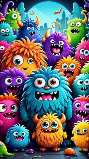A high-quality digital illustration in a cartoon style capturing a crowded frenzy of cute doodle-style fluffy monsters. The image depicts a vibrant and lively scene filled with an array of adorable creatures, each exuding their own unique personality. The fluffy monsters come in various shapes, sizes, and colors, creating a visually captivating spectacle. The level of detail in this 4K illustration allows for an immersive viewing experience, bringing out the intricacies of each monster's features. The colorful palette utilized in this artwork enhances the playful and whimsical nature of the scene, making it a delight for viewers of all ages. The doodle-style artwork adds a touch of charm and simplicity to the overall composition, making it even more endearing. This prompt guarantees an eye-catching and joyful illustration that showcases the essence of a crowded frenzy of cute doodle-style fluffy monsters in a detailed, colorful, and high-resolution 4K format.,more detail XL,DonMM4hM4g1cXL,monster