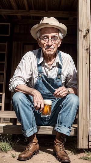 a high quality professional photo of a 78-year-old man, showcasing the essence of the 1950s era. This photograph captures the spirit of nostalgia and simplicity, transporting us back in time. The subject of the image is an elderly man, adding a touch of wisdom and experience to the scene. He is dressed in well-worn denim dungarees and old work boots, reminiscent of the fashion trends of the 1950s. A classic hat adorns his head, completing the vintage look. His face is adorned with freckles, telling stories of a life well-lived.

The setting of the image is in a hot and arid environment, evoking feelings of warmth and rustic charm. The man is comfortably seated in a wicker chair, which adds to the ambiance of the scene. The sun is directly overhead, creating a sense of intensity and adding depth to the photograph. The lighting captures the fine details on the man's face and the texture of his clothing, emphasizing high detail.

At noon, as the sun reaches its peak, the man is seen sipping a beer, adding a refreshing element to the composition. The beer bottle in his hand is drenched in condensation, adding a realistic touch to the image. The coolness of the beverage contrasts with the heat of the surroundings, creating a comforting and laid-back atmosphere.

The image is captured in stunning 4K resolution, allowing for an immersive viewing experience. The high detail ensures that every wrinkle, every thread, and every freckle on the man's face is vividly portrayed. The image quality is crisp and clear, showcasing the finest nuances in color, texture, and lighting.

This photograph exudes a sense of timelessness and authenticity, as if frozen in the 1950s. It captures the spirit of a bygone era, with the old man becoming a symbol of resilience and nostalgia. Whether the viewer lived through the 1950s or not, this image transports them to a different time, eliciting emotions and memories.

With its hot and arid setting, vintage fashion, and the elderly man's character, this photo would be perfect for various purposes. It could be used in editorial features, advertisements, or even displayed as a piece of art. The authenticity and attention to detail make it a compelling and captivating image that would surely captivate the viewer.

Whether you're a history enthusiast, a photography aficionado, or simply appreciate the charm of the 1950s, this image is guaranteed to delight and evoke feelings of nostalgia. Step into the past and immerse yourself in the story that this high-quality photograph tells.