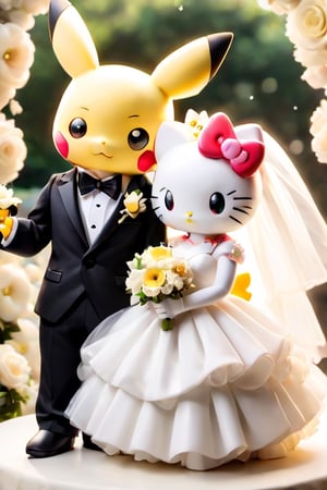 a photograph of Pikachu in a tuxedo and Hello Kitty in a  wedding dress getting married in a formal wedding