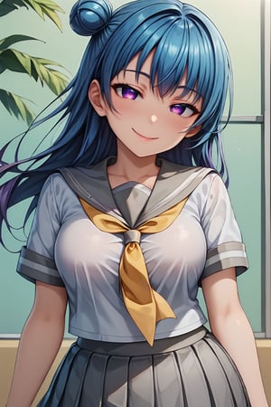 score_9, score_8_up, score_7_up, source_anime BREAK, 1girl, looking at viewer,  naughty face, lustfull eyes, naughty smile, YoshikoTsushimaPONY, (purple eyes:1.2), blue hair, (single hair bun), (single side bun), long hair, uranohoshi school uniform, school uniform, short sleeves, pleated skirt, white serafuku, neckerchief, grey skirt, grey sailor collar, tie clip, yellow neckerchief, black thighhighs 