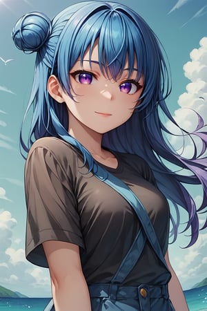 score_9, score_8_up, score_7_up, source_anime BREAK, 1girl, looking at viewer, YoshikoTsushimaPONY, (purple eyes:1.2), blue hair, (single hair bun), (single side bun), long hair,