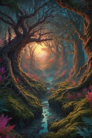 (dark magic:1.2), (grim:1.1) forest, bushes with thorns,  (intricate details), (hyperdetailed), 8k hdr, high detailed, lot of details, high quality, (colored:1.3)