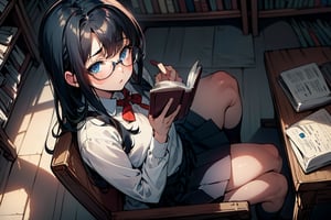 (masterpiece, intricate:1.3), (best quality, hires textures, high detail:1.2), (4k),(incredibly detailed:1.4) the girl with long black hair and blue eyes in library, sitting at a wooden desk and chair reading a book in her hand, she is wearing glasses and a short school uniform skirt. Detailedface