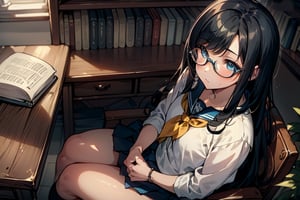 (masterpiece, intricate:1.3), (best quality, hires textures, high detail:1.2), (4k),(incredibly detailed:1.4) the girl with long black hair and blue eyes in library, sitting at a wooden desk and chair reading a book in her hand, she is wearing glasses and a short school uniform skirt. Detailedface