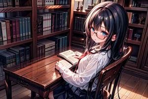 The library, the girl, the girl with long black hair and blue eyes, a girl is sitting at a wooden desk reading a book in her hand, she is wearing glasses and a short school uniform skirt.