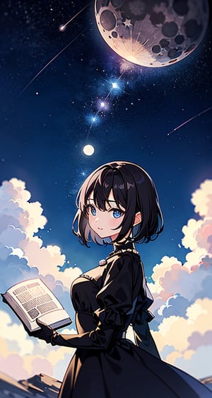 a woman in black medieval dress, front toward viewer, staring up to a starry night sky, (milkway), huge planet on the sky, ((ground to sky view)), cinematic lighting, highly detailed, masterpiece, best quality, black hair, moon, book, necklace, black_gloves.