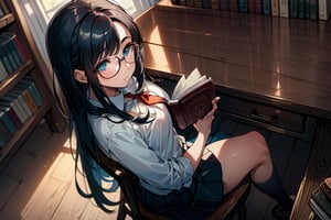 (masterpiece, intricate:1.3), (best quality, hires textures, high detail:1.2), (4k),(incredibly detailed:1.4) the girl with long black hair and blue eyes in library, sitting at a wooden desk and chair reading a book in her hand, she is wearing glasses and a short school uniform skirt. Detailedface